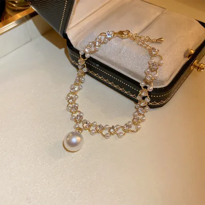 Pearl Stylish Rhinestone Crossed Golden Bracelet